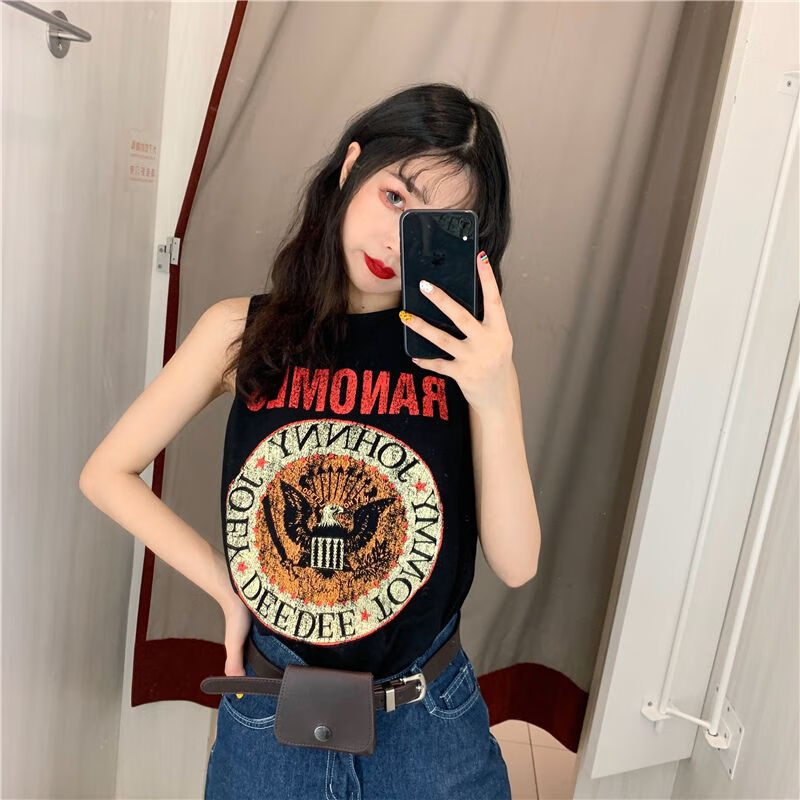 苓影跨栏背心女夏季宽松无袖女士吊带上衣印花坎肩运动跨栏背心 黑色