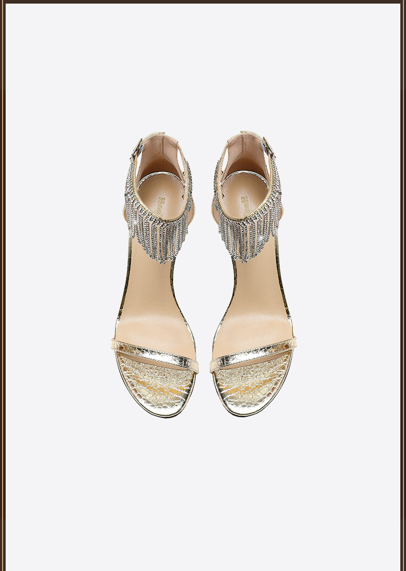 露趾凉鞋2022新款一字带高跟鞋时尚流苏钻条气质优雅细跟凉鞋金色37