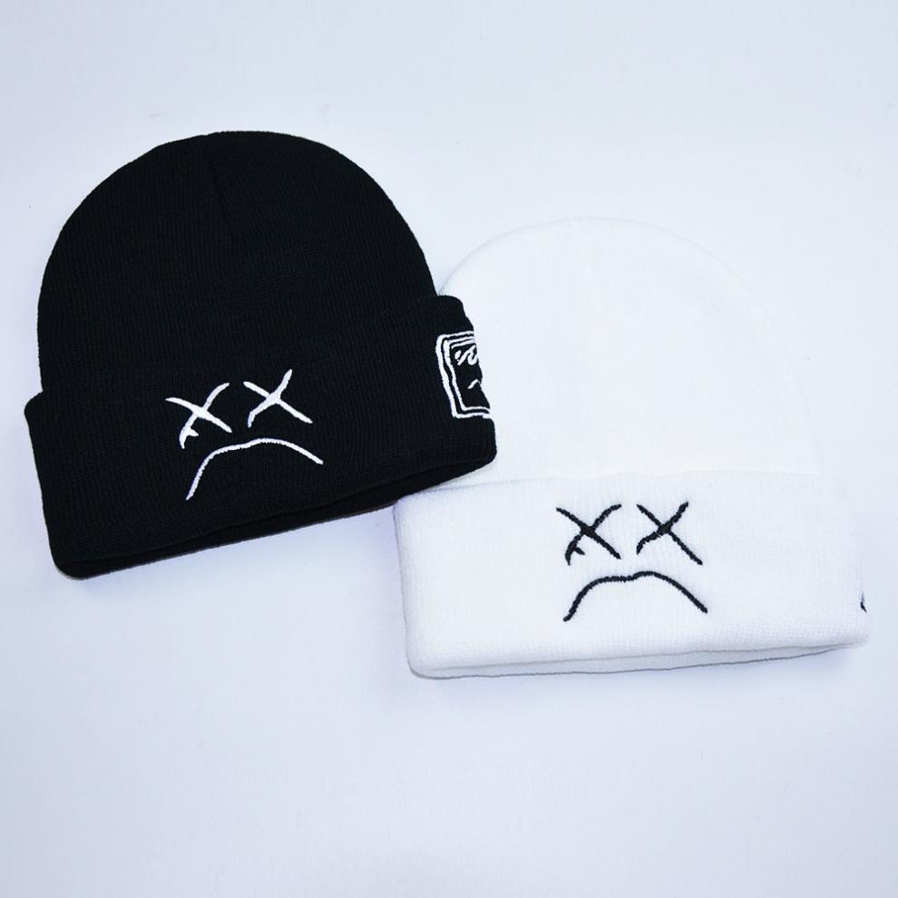 秋冬季新款针织帽子男女百搭刺绣表情包头冷帽户外保暖毛线帽白骷髅黑