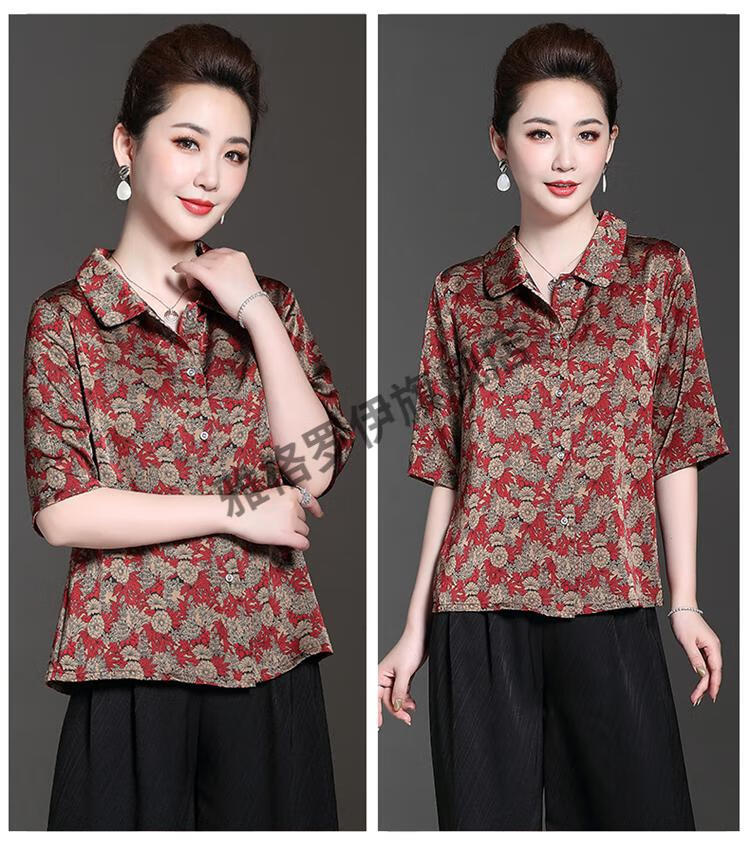 中年妇女的真丝上衣桑蚕丝半袖半截袖新款短袖女夏薄款宽松中老年t恤