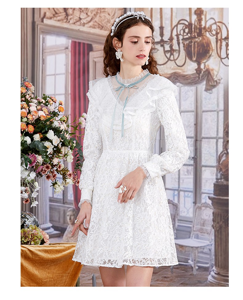 花儿开了2020秋冬新款白色蕾丝网纱镂空连衣裙女甜美高腰公主裙子
