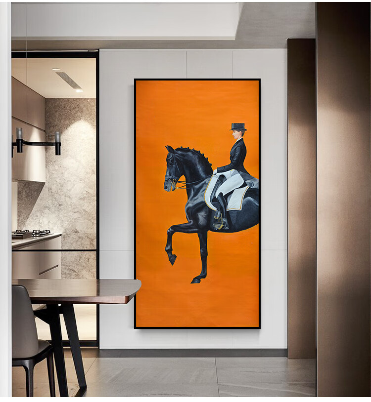 玄关装饰画竖版大气轻奢马壁画样板房橙色挂画英伦风骑马骑士马术 q款
