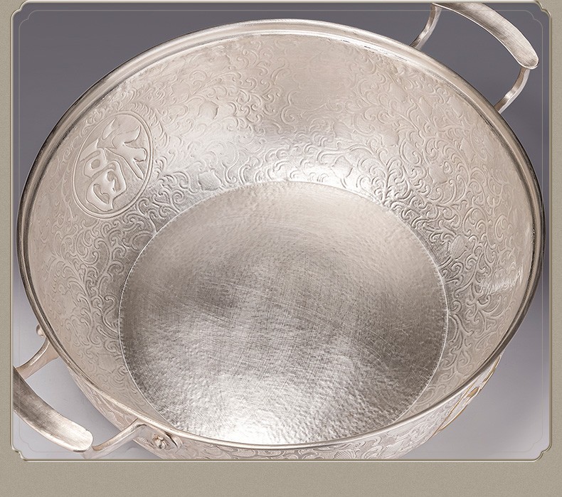 归银堂福字银锅纯银999煲汤煮茶家用多功能厨具餐具大号带盖汤锅单层