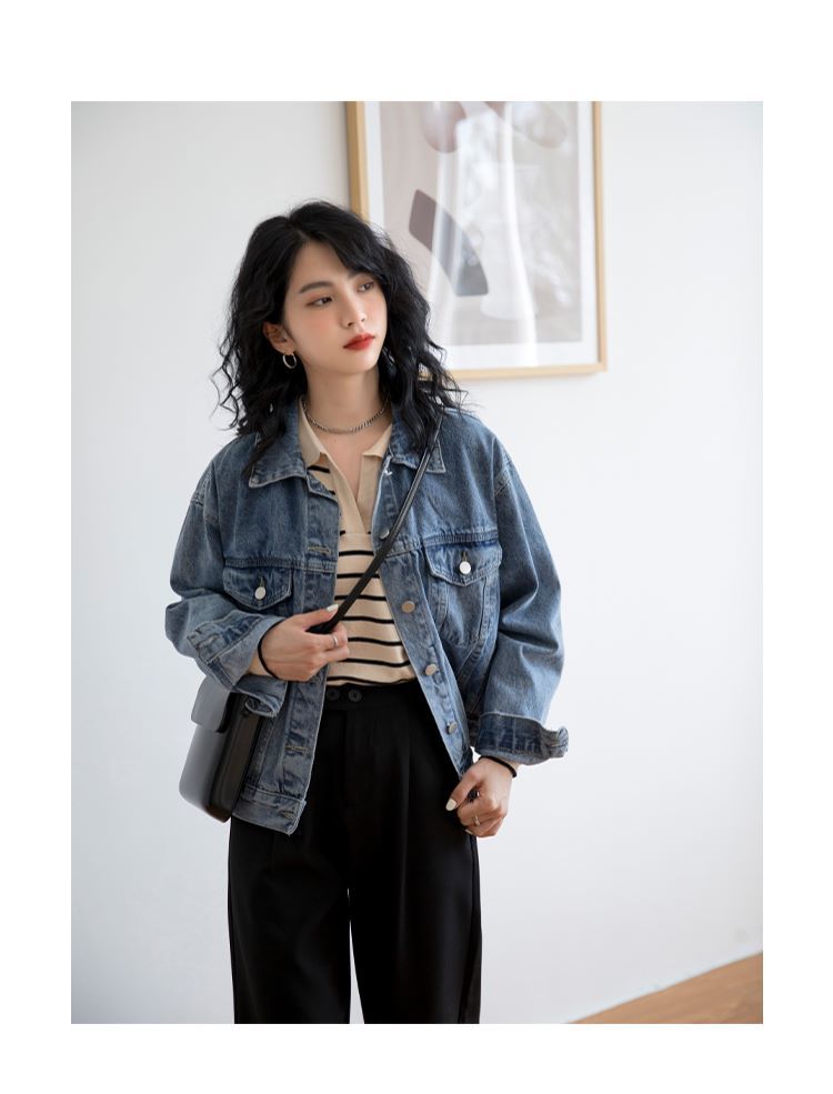 拉夏贝尔la春季穿搭盐系牛仔外套女2022年春秋百搭韩版宽松夹克上衣