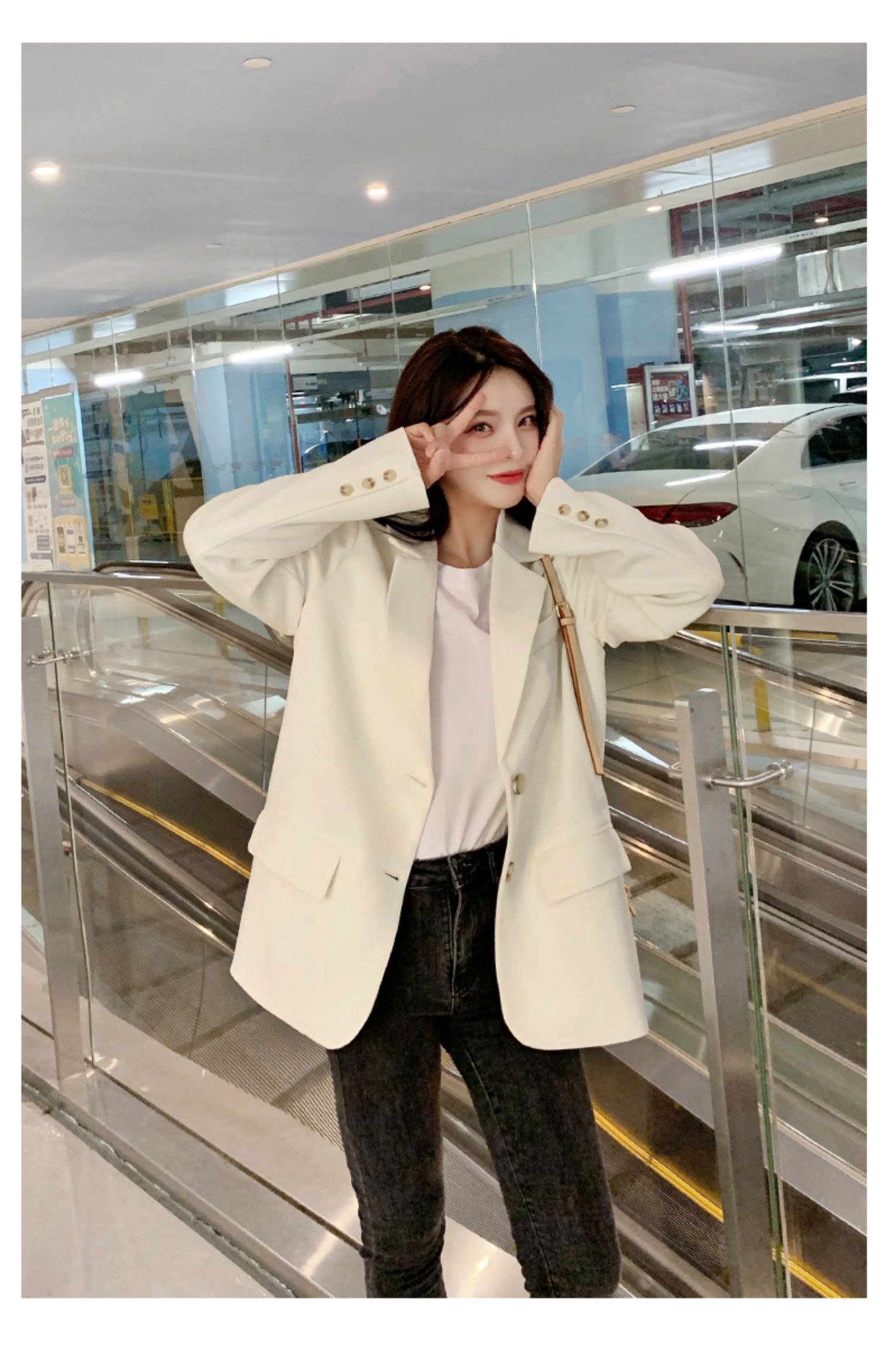 新款春秋白色韩版炸街设计感套装小个子西服上衣 米白色(升级面料) m