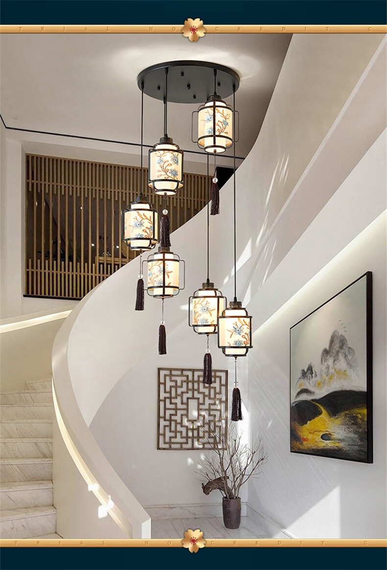 宏吉 新中式旋转楼梯吊灯中国风刺绣长吊灯复式楼跃层别墅楼梯间转角