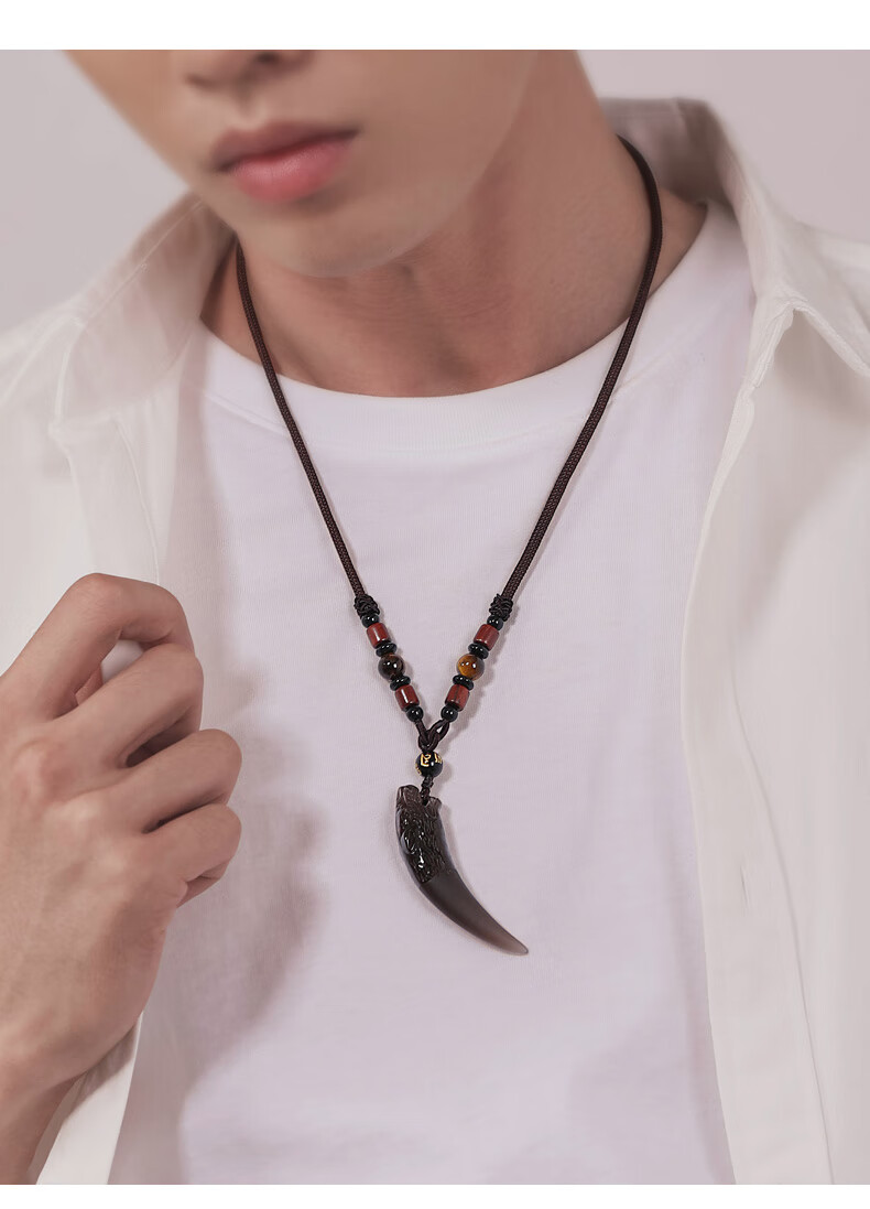 冰种黑曜石狼牙项链男绳真吊坠潮牌男士霸气复古个性潮饰品男挂绳