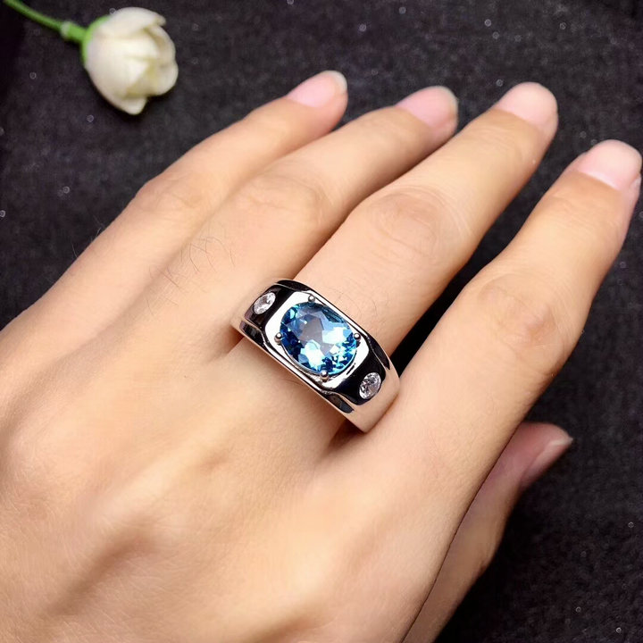 瑞士蓝托帕石戒指s925银时尚简约蓝宝石水晶男戒开口证书