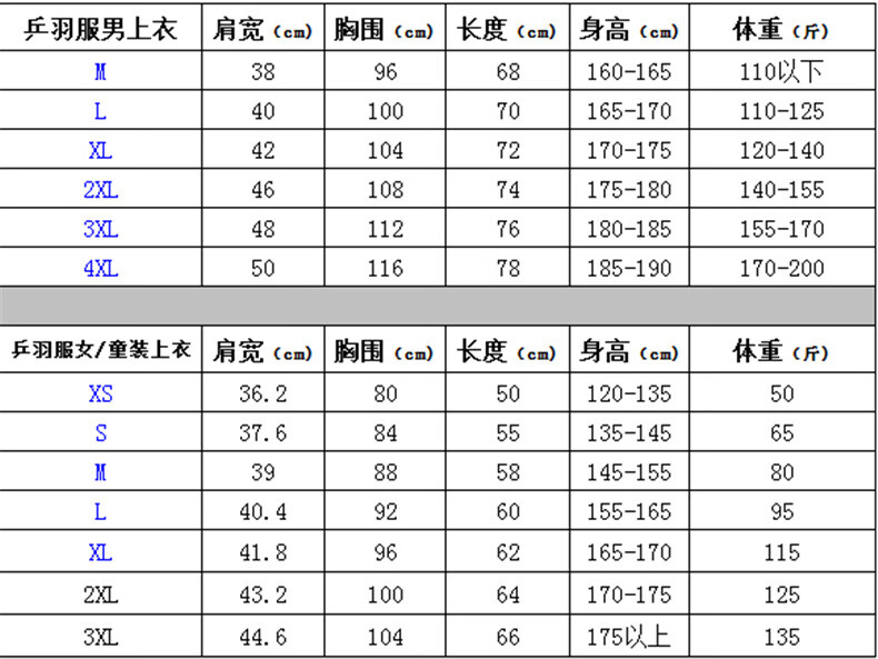 标准运动服尺码对照表图片