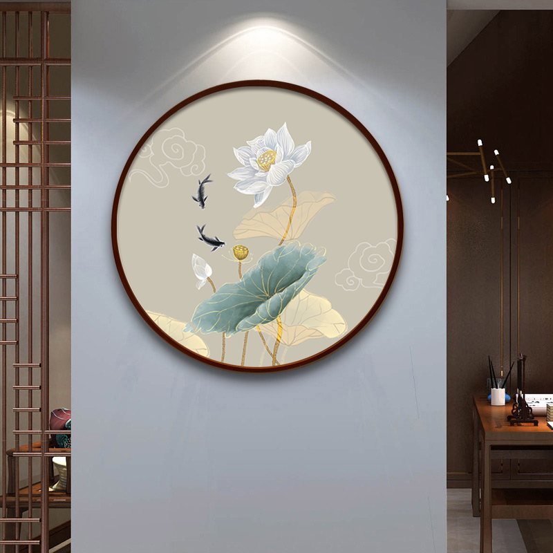 新中式手绘油画玄关装饰画圆形客厅进门入户挂画餐厅壁画禅意荷花c款