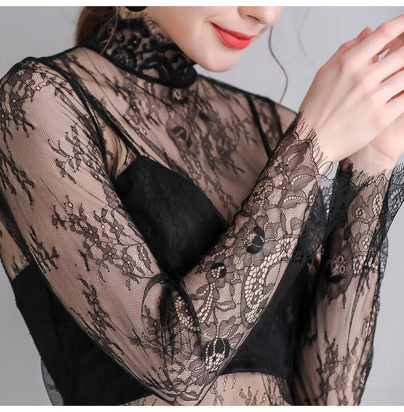 透明蕾丝性感打底衫网纱上衣高领睫毛蕾丝打底衫女长袖性感透明纱衣