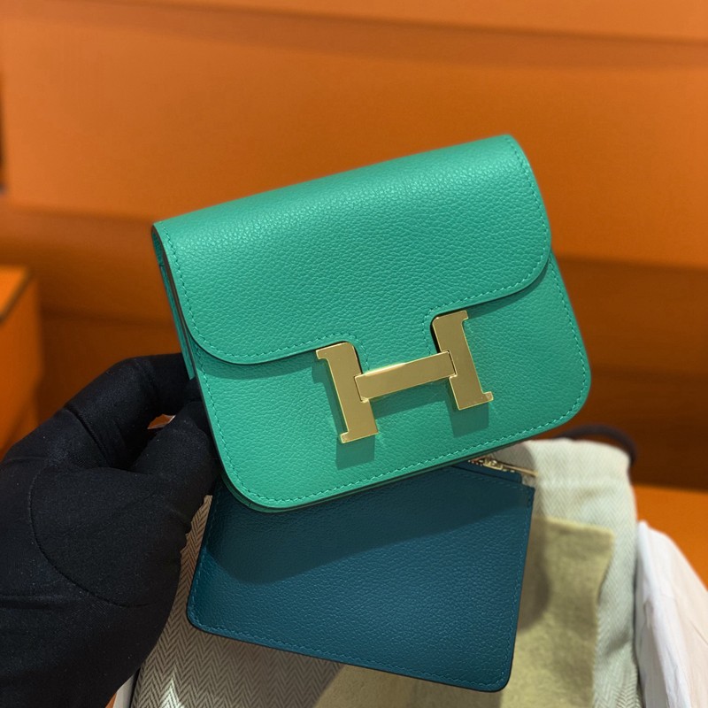 【二手99新】未使用 爱马仕(hermes)constance康康slim钱包 薄荷绿金
