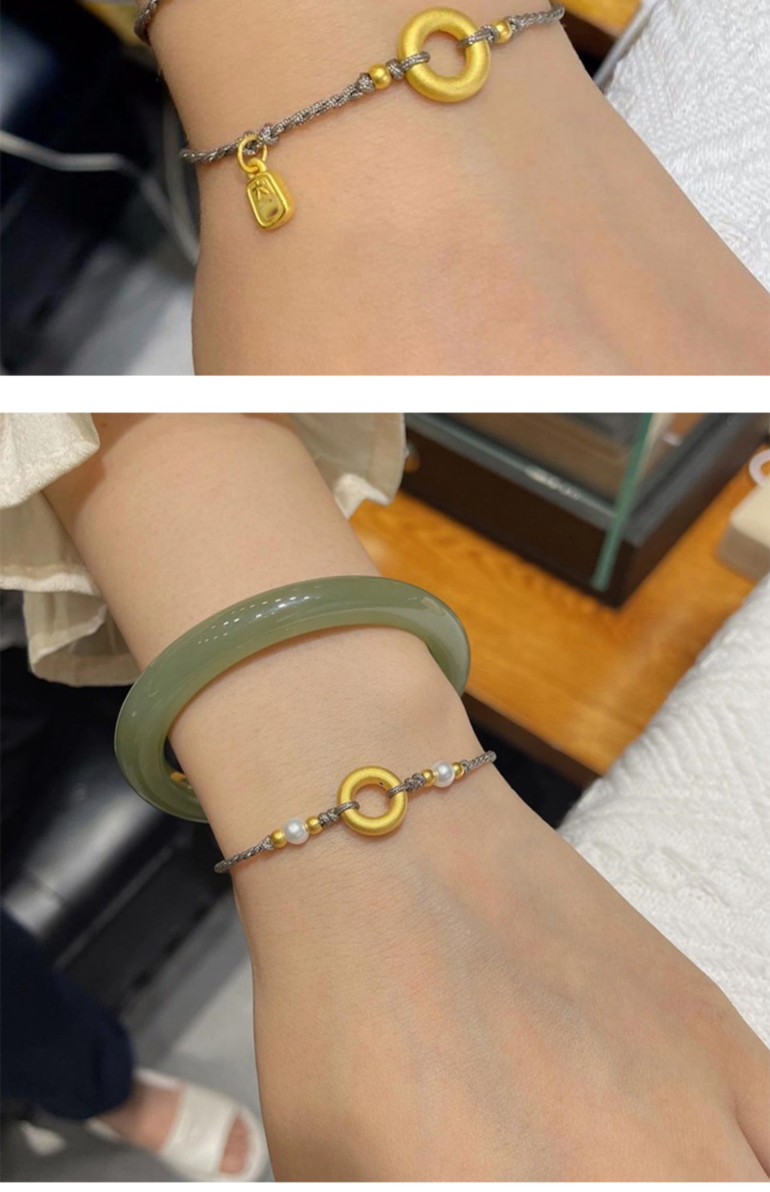 老凤凰 黄金平安扣手链女999足金小金珠大吉大利手串编手绳3d硬金送