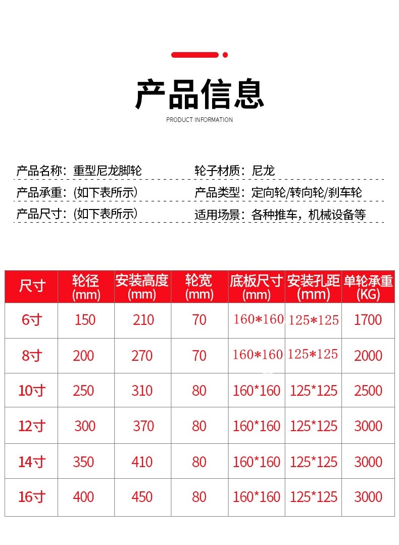 egt脚轮5吨3吨6寸万向轮超重型脚轮带刹车8寸铁芯聚氨酯尼龙轮10寸12