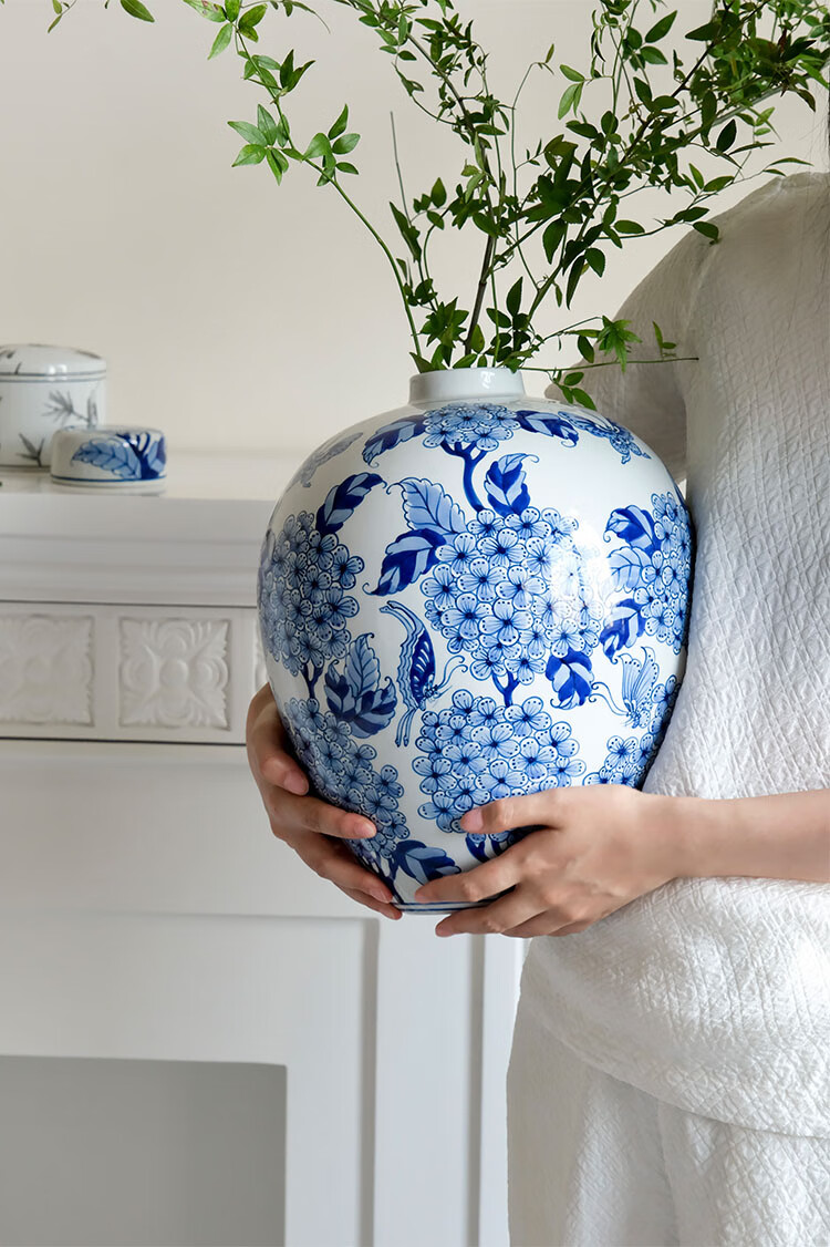 格式序 若奈东方巴黎青花瓷"大肚容福"新中式花瓶玄关摆件 【大肚容福