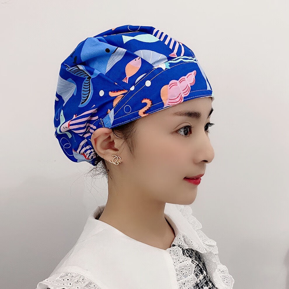 纯棉厨房帽做饭炒菜防油烟防掉头发可调节扣手术室医生护士帽蓝色小鸟