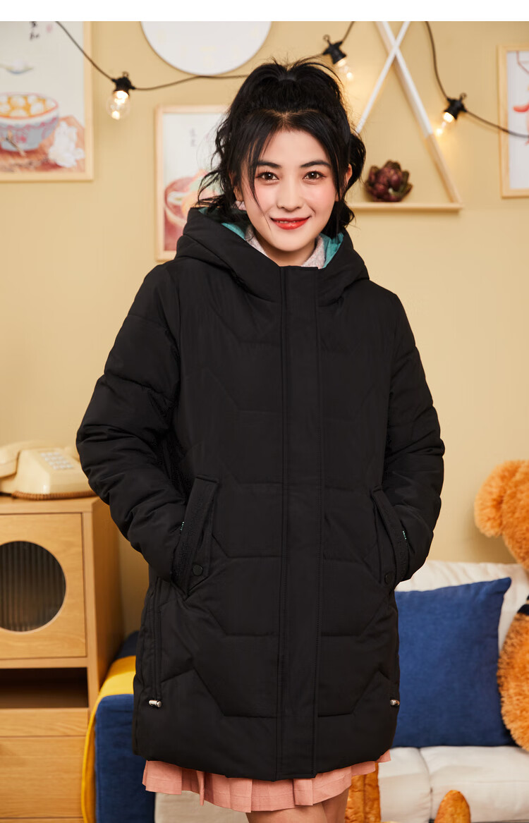 快鱼冬季厚款女士长袖外套2020韩版连帽中长款保暖棉服女10u5012 黑色