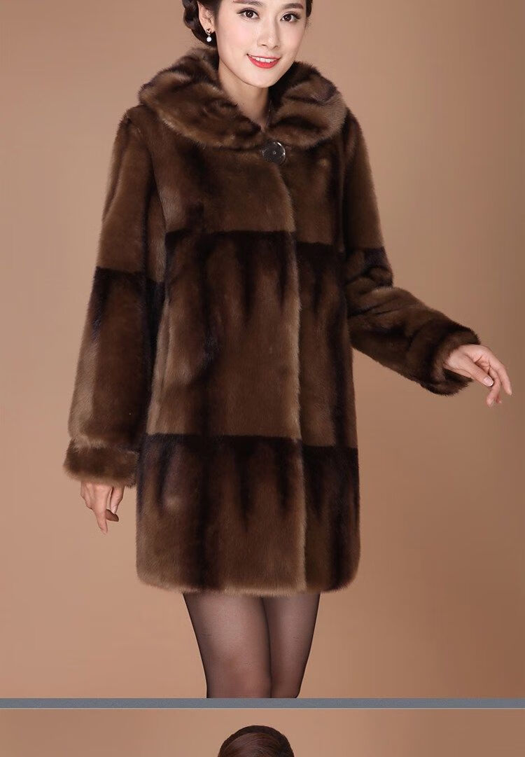 貂皮大貂毛仿水貂毛皮草女中老年妈妈中长款整貂拼貂裘皮毛一体 酒红