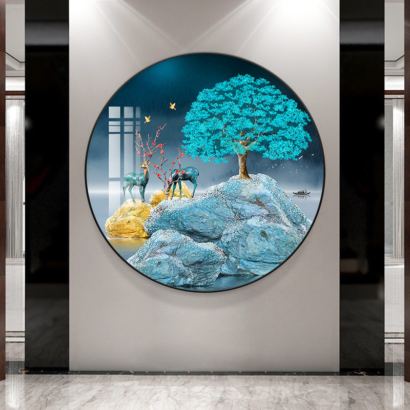 艺美吉舍 九鱼图玄关装饰画新中式客厅圆形晶瓷画现代简约过道走廊挂