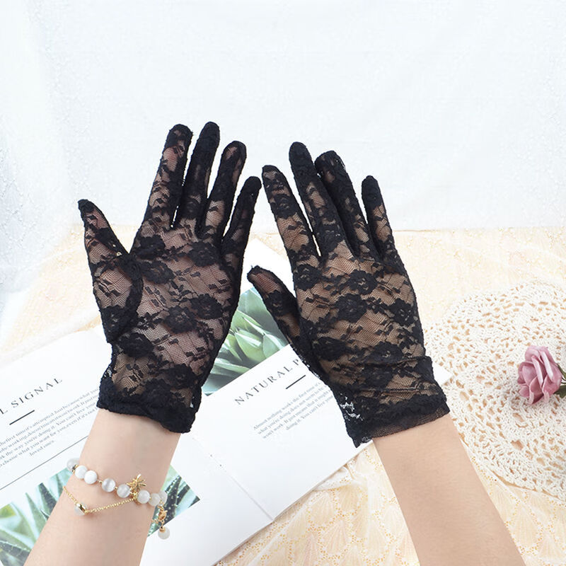芷米夏季蕾丝手套防晒开车骑行户外礼仪小玫瑰碎花网纱弹力女婚纱手套