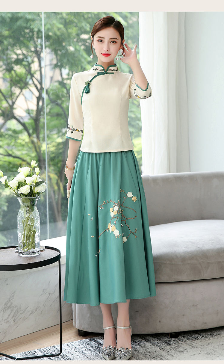 民国风女装改良汉服夏复古中国风盘扣上衣旗袍两件套茶服唐装套装