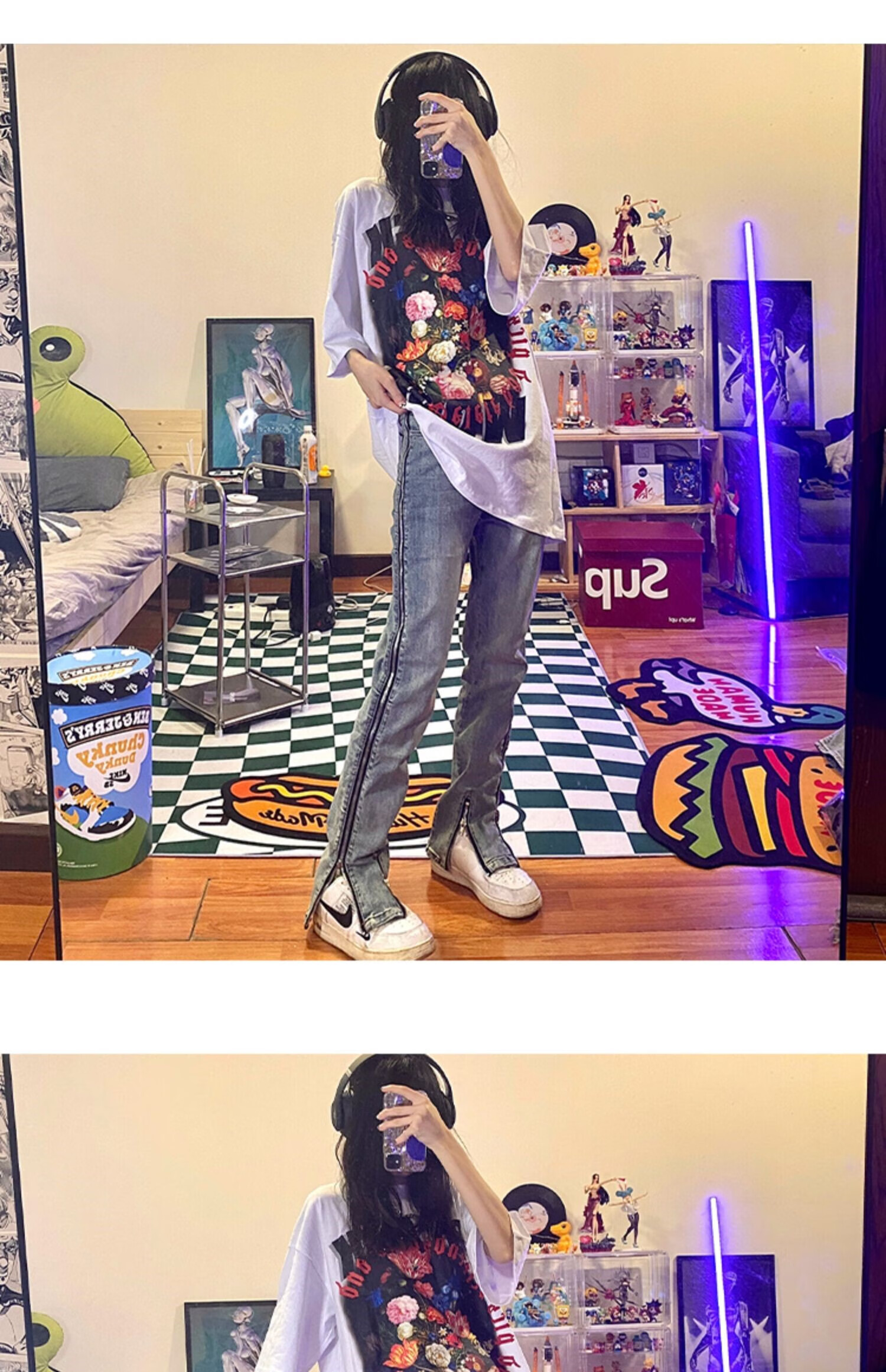 bigeaters美式高街做旧拉链开衩牛仔裤男情侣vibe风直筒休闲长裤潮