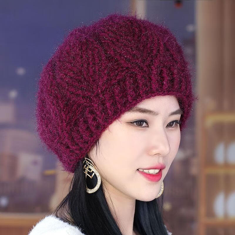 八角帽手工针织韩版叶子花朵松鼠绒贝雷帽包头帽保暖毛线帽中老年妈妈