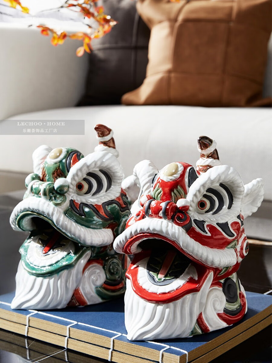 新中式中国风陶瓷舞狮醒狮子头摆件样板房间客厅茶几电视柜摆设品