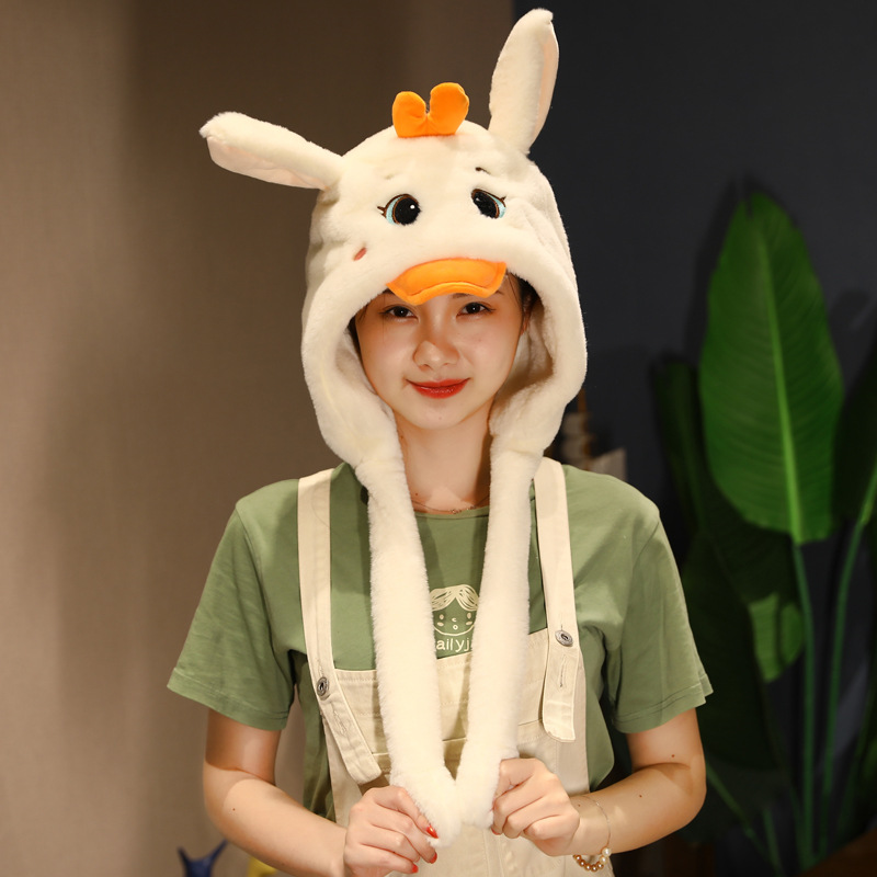 搞怪可爱小黄鸭恐龙毛绒帽子耳朵会动少女学生保暖加绒头套护耳帽绿色