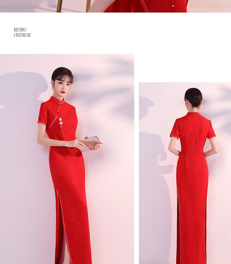 年会礼仪服装公司活动礼服旗袍女款迎宾服礼仪队走秀长袖颁奖红礼服