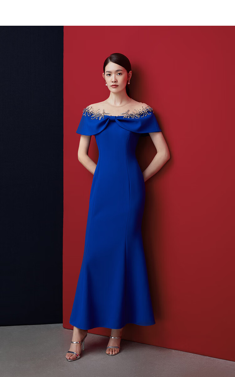 【铂金盛宴】songofsong歌中歌2022夏季宝蓝色翻领鱼尾礼服长裙 宝蓝