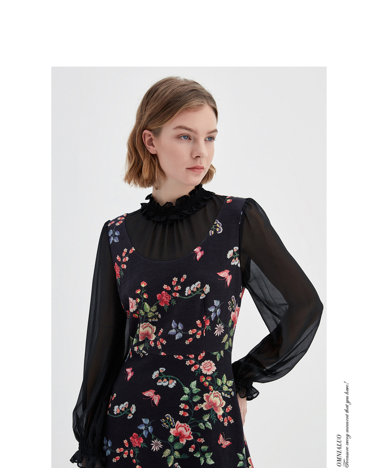 欧柏兰奴2021春季新款透视性感拼接印花收腰中长款连衣裙打底裙女otql