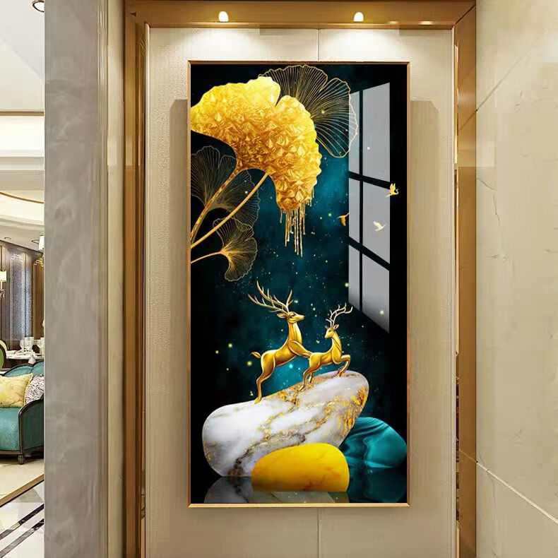 玄关装饰画走廊过道挂画轻奢晶瓷画客厅背景墙入户壁画招财画麋鹿金鹿