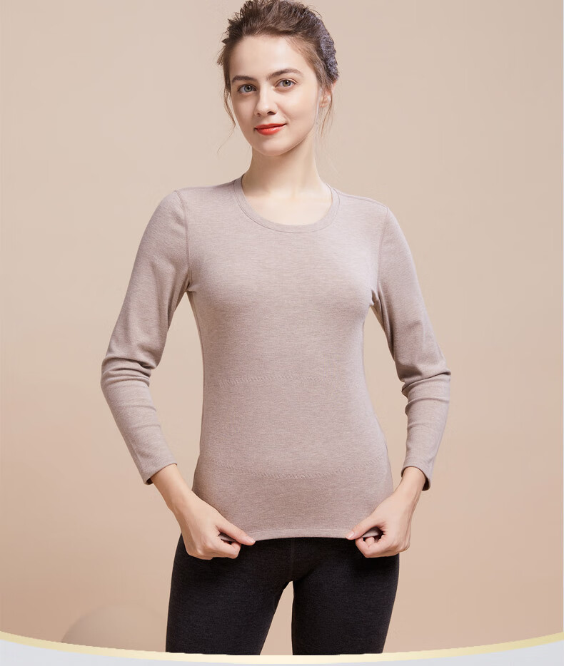 恒源祥女士保暖内衣上装冬季长袖圆领加绒含桑蚕丝单件上衣加厚秋衣