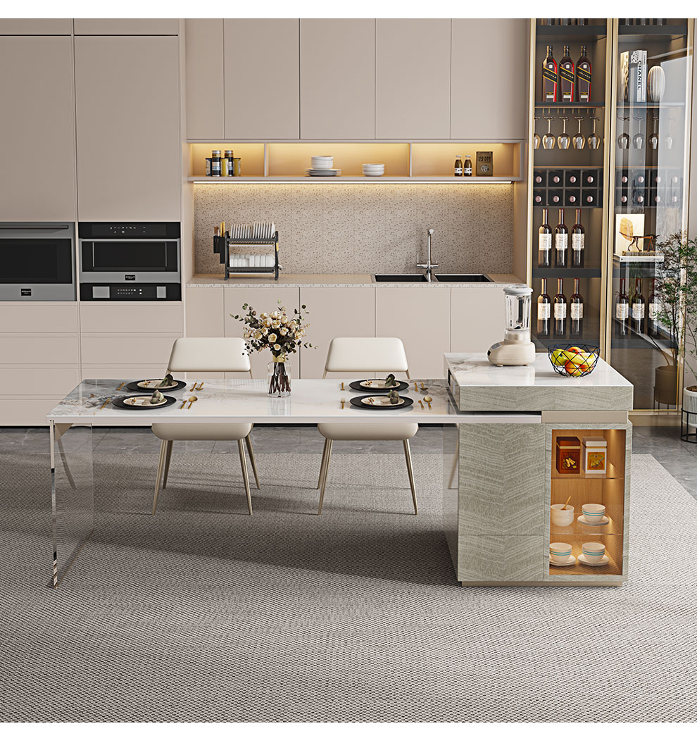 亮郦居现代简约家用多功能轻奢岩板岛台餐桌柜一体可伸缩储物餐桌椅