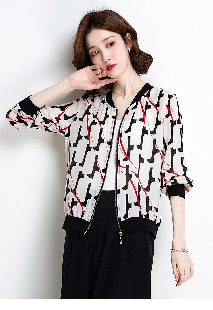 金菊春夏新款女士印花真丝棒球衫时尚百搭100桑蚕丝中袖短外套女拉链