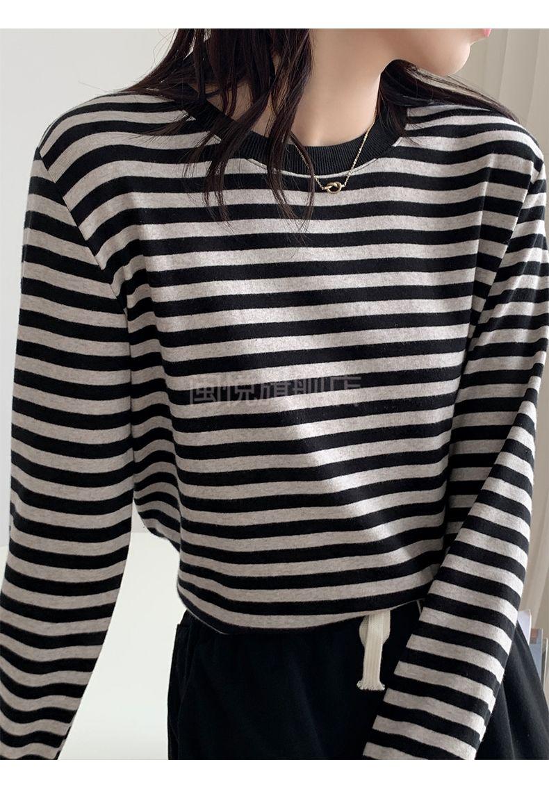 闽悦春款薄款条纹横纹长袖女士打底t恤衫女上衣内搭早女装761黑色条纹