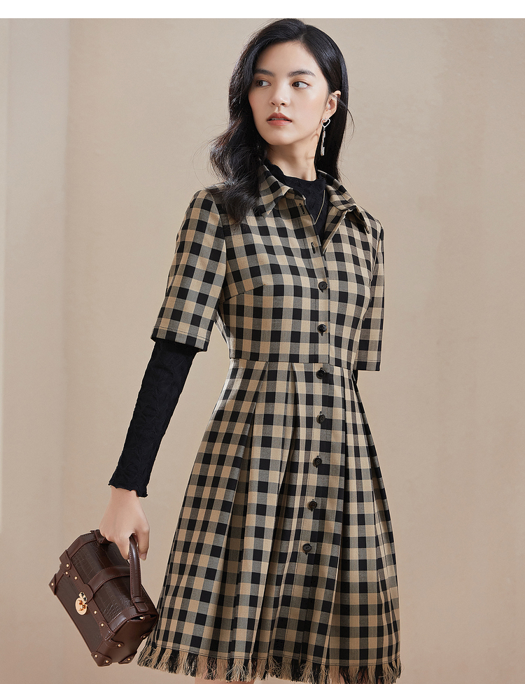 衣香丽影2020年秋冬季格子连衣裙女法式复古显瘦气质中长裙子 咖色 m