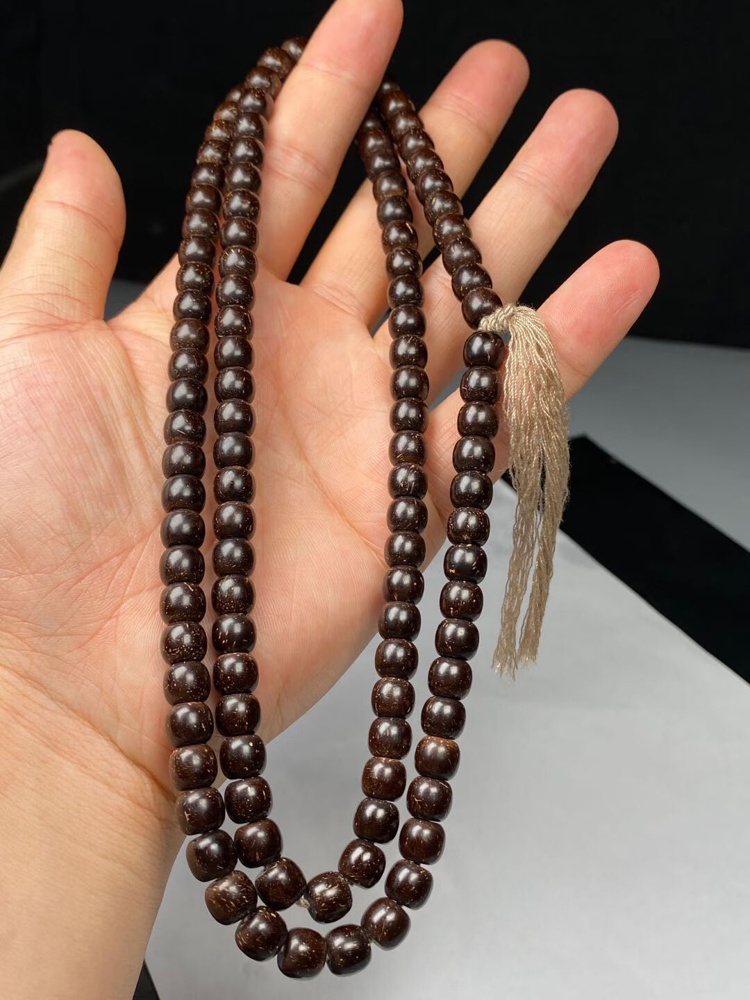 精品印尼天然原色老料直切老型椰蒂108佛珠手串 5*6直切桶珠【图片