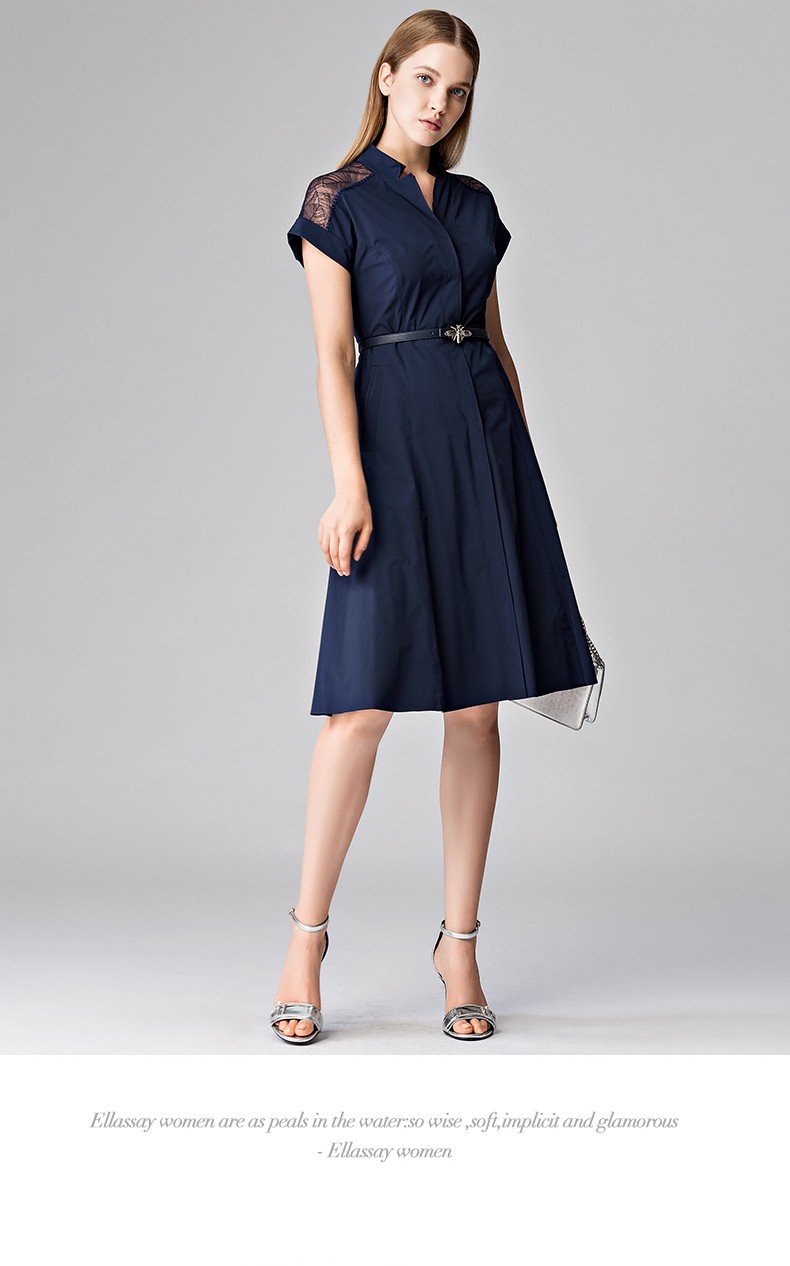 ellassay歌力思2021春季新款蕾丝拼接立领连衣裙女藏蓝色s