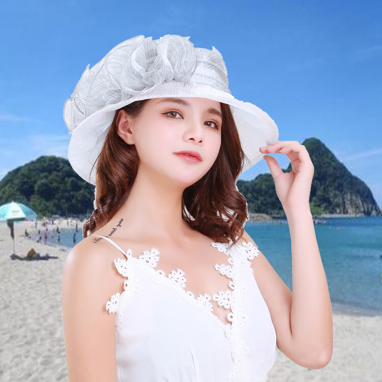 e春夏女士防晒帽女防紫外线沙帽可折叠太阳帽凉帽纱帽欧根纱沙滩帽