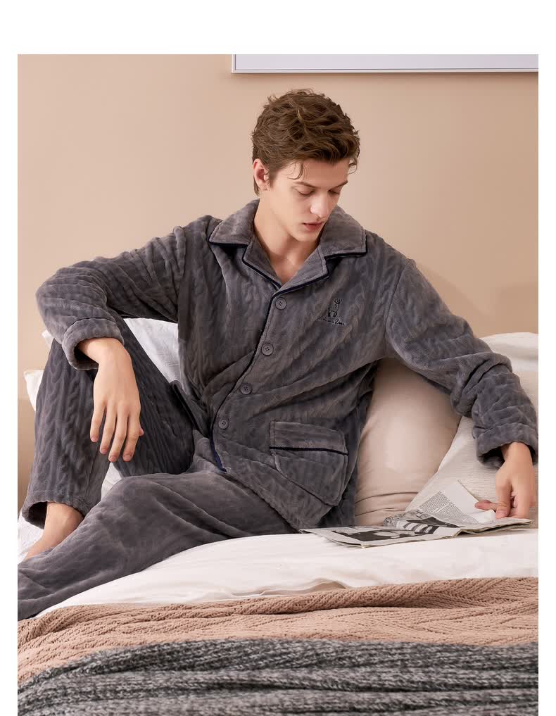 秋鹿睡衣男士秋冬季法兰绒加厚长袖开衫保暖珊瑚绒家居服套装深灰34xl