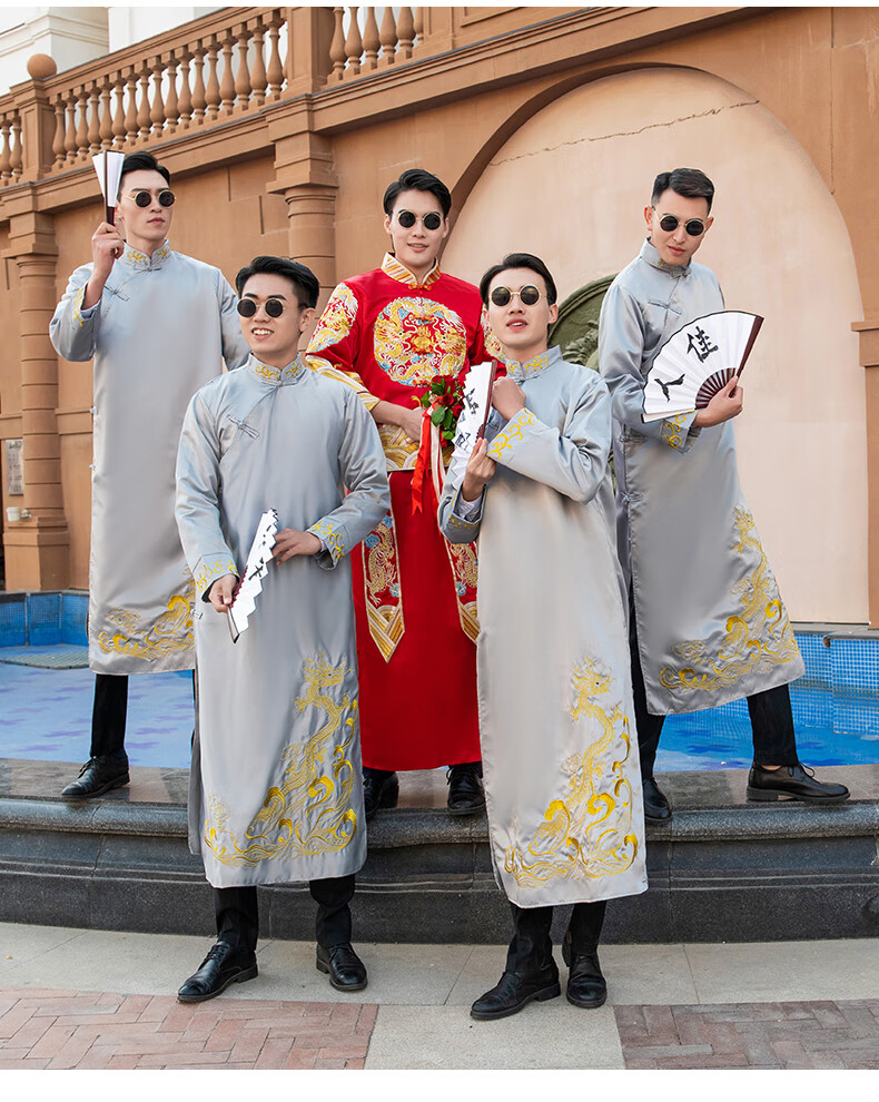 尊彭zunpeng伴郎服中式婚礼男士长衫兄弟团结婚礼服中国风唐装长袍