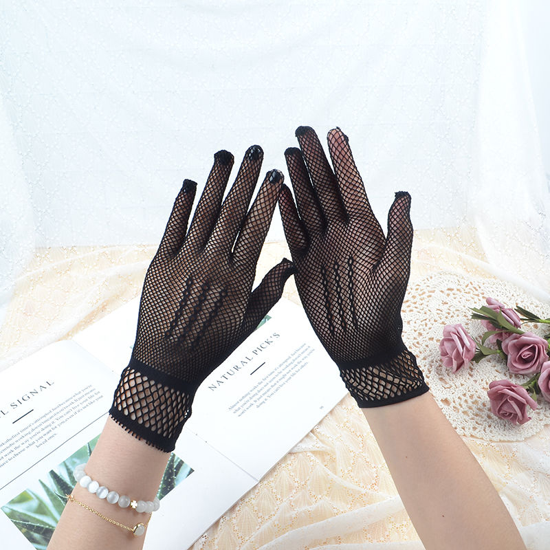 芷米夏季蕾丝手套防晒开车骑行户外礼仪小玫瑰碎花网纱弹力女婚纱手套