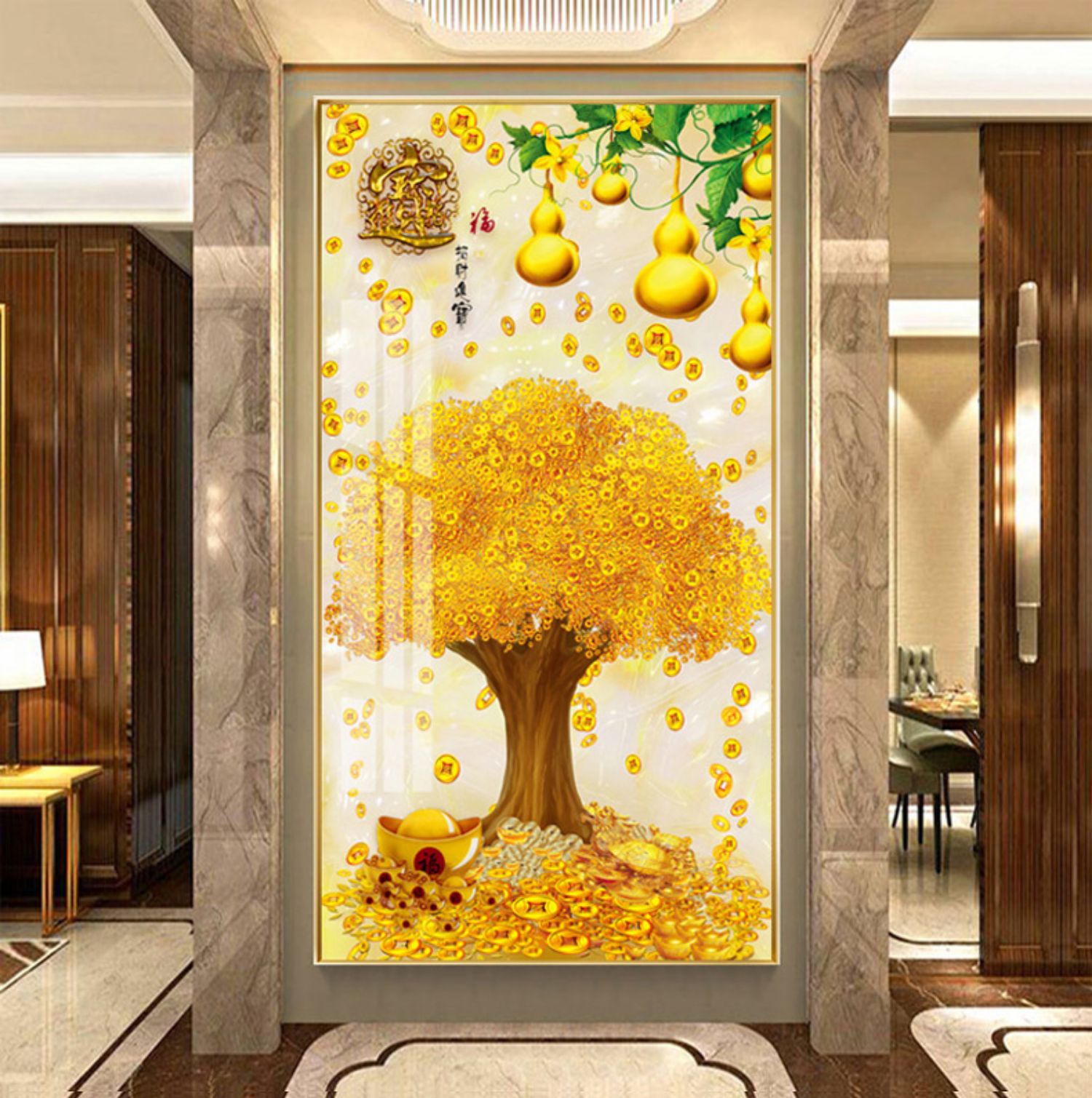 进门挂画入户玄关装饰画竖版摇钱树走廊过道壁画大气晶瓷画铝合金框a1