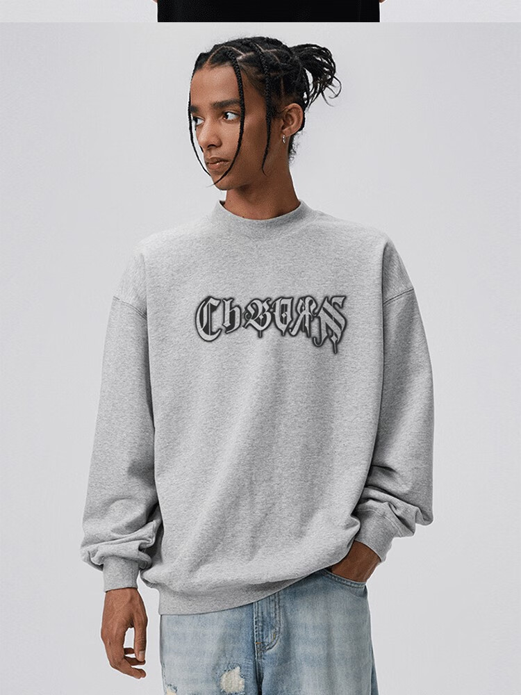 秋冬季重磅ch美式复古圆领卫衣男无帽纯棉宽松高街学生小众cb上衣