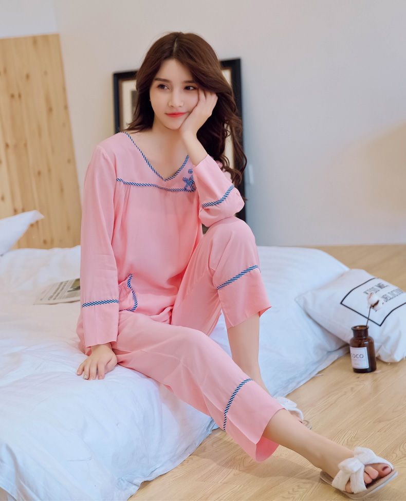 莫代尔春秋夏季长袖棉绸睡衣女士套头绵绸套装公主风家居服薄款可爱大