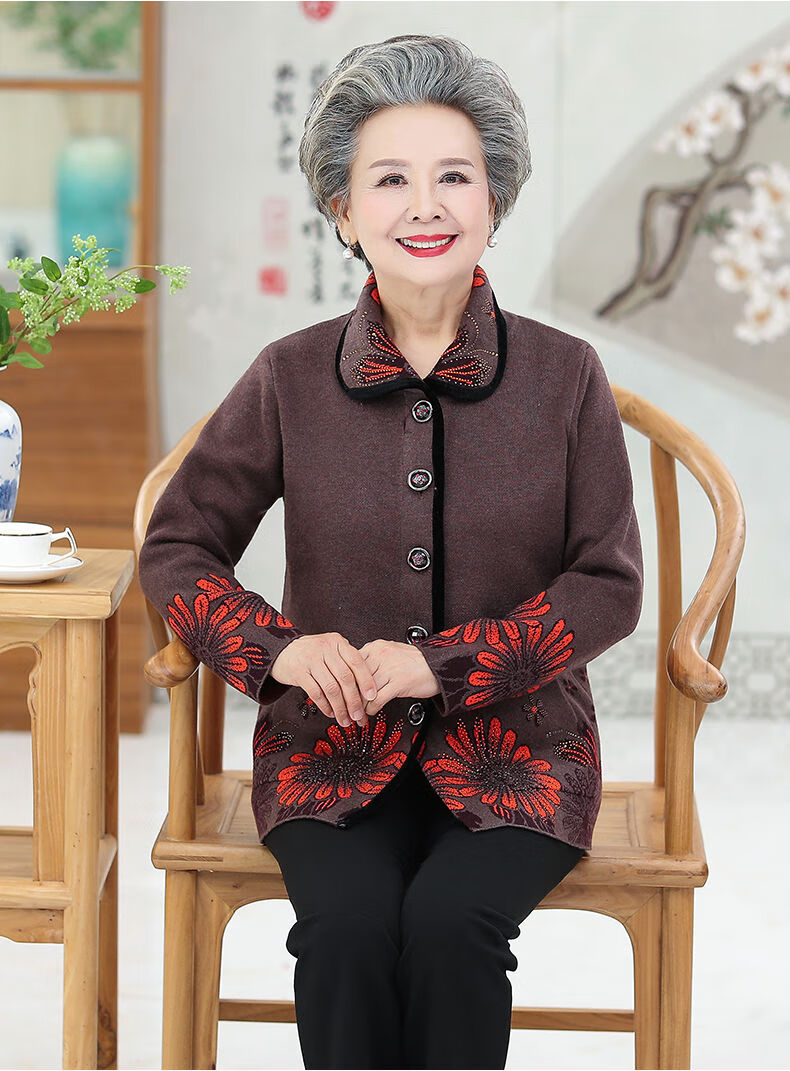 恒源祥旗舰官方店同款老人秋装女外套70岁80奶奶装春秋毛衣开衫中老年