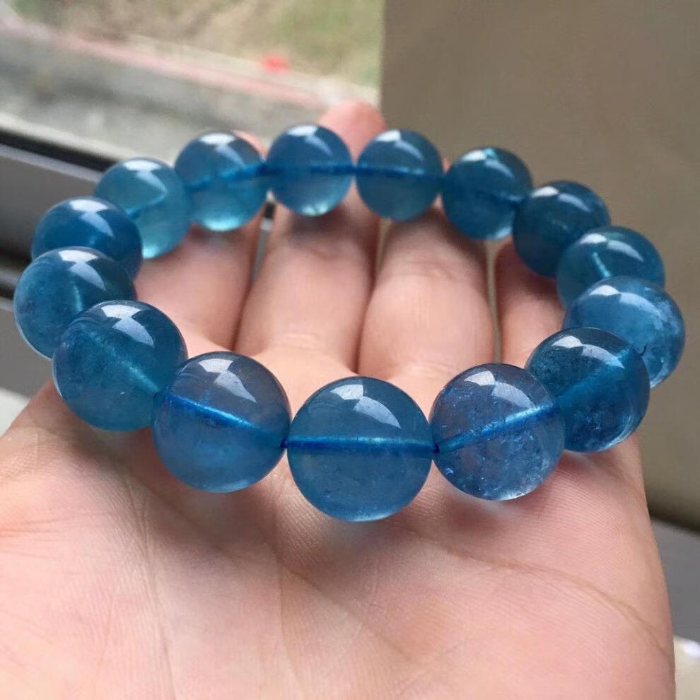 天然收藏级魔鬼蓝海蓝宝单圈手链 颜色艳丽夺目 略带星光猫眼 12mm