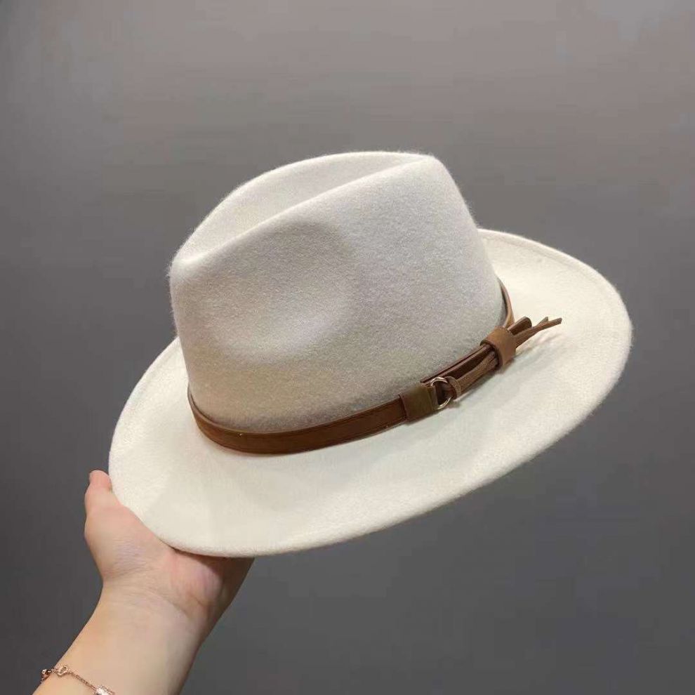 英伦风棕色流苏配饰软毡帽春秋聚会绅士礼帽大平檐毛呢保暖爵士帽驼色